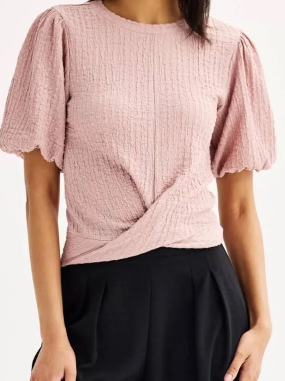Nine West Puff Sleeve Textured Banded Top in pink, Size Small